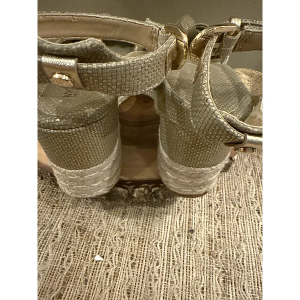Michael Michael Kors Maxwell Mid Wedge Sandals Gold Ankle Strap Knotted